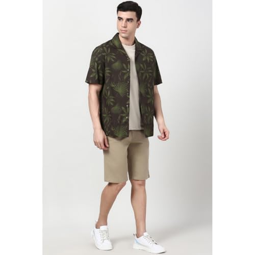 Image of Peter England Men's Cotton Blend Classic Fit Floral Print Casual Shirt | Cuban Collar, Half Sleeves | Casual Wear