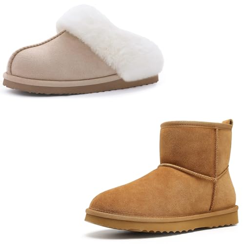 Litfun Women's Set of 2 Pairs - Fuzzy House Slippers (Size 7.5-8, Apricot) - Suede Mini Boots (Size 8-8.5, Chestnut)
