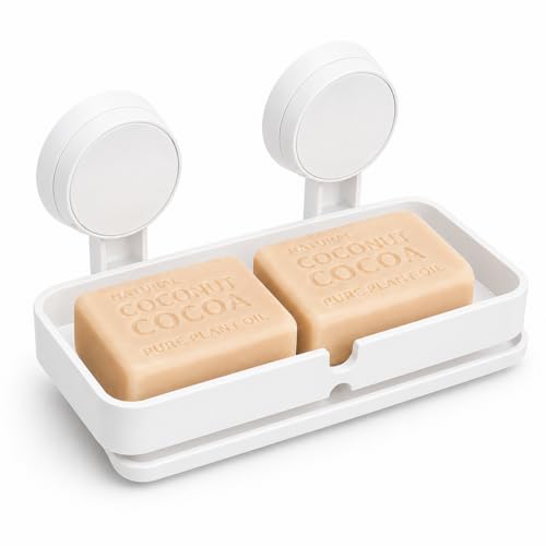 Image of Twin Soap Dish Wall Mounted, BUYERZONE Double Layer Soap Holder for Bathroom, Self Adhesive Soap Stand with Drain Tray, Plastic Soap Case for Kitchen & Wash Basin Organizer (1, White)