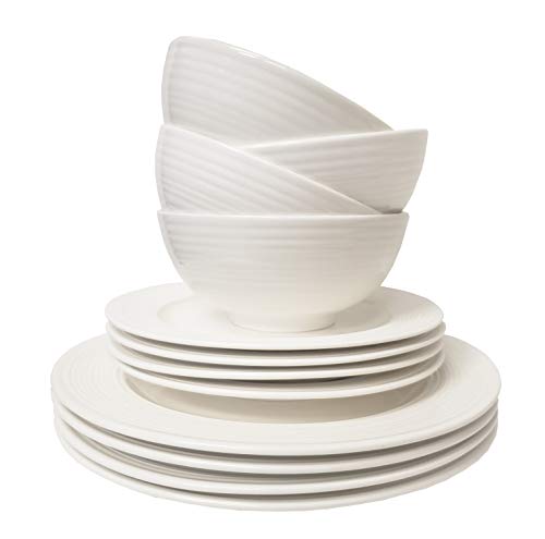 Image of TTU Tabletops Gallery Embossed Bone White Porcelain Round Dinnerware Collection- Chip Resistant Scratch Resistant, Contempo 12 Piece Dinnerware Set (Dinner Plate, Salad Plate, Cereal Bowl)