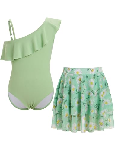 Image of OBEEII Girls One Piece Swimsuits with Skirt Summer One Shoulder Floral Tankini Bathing Suit for Kids UPF 50+ Beach Swimwear