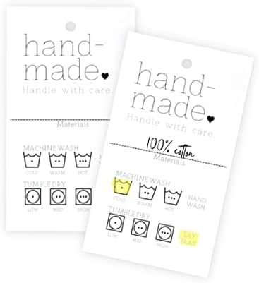 Handmade Care Instruction Tags | 30 Pack | 2 x 3" inches Tags | Handmade Care Cards | Material Care Instructions for Homemade Materials | White and Black Design