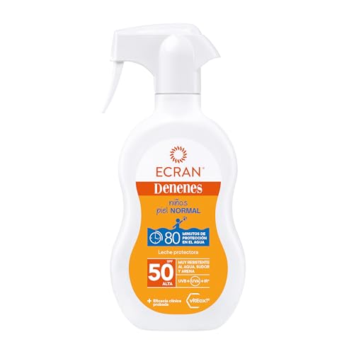Ecran Denenes - Leche Protectora Solar FPS 50 para Niños en Spray 80 Minutos de Protección en el Agua UVB, UVA e IR-A con Extracto Algodón y Vitamina 270ml