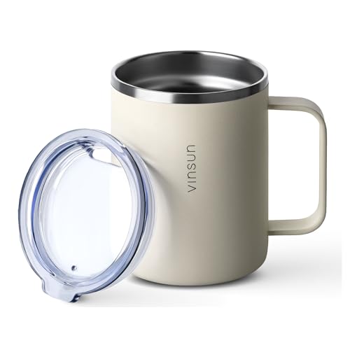 VINSUN Thermobecher mit Henkel 350ml - Kaffeebecher to go Edelstahl doppelwandig isoliert - Deckel mit Trinköffnung - Isolierbecher für Reisen Outdoor Camping Büro