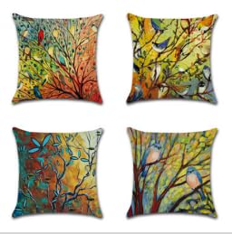 BAOKU Linen Cushion Covers 45 x 45 cm for Sofa Bedroom Set of 4 Square Abstract Trees and Birds Throw Pillow Cases 18x18 Inches Pillowcases Cushions Cover Garden