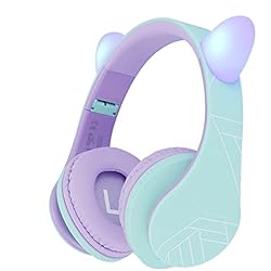 Audífonos De Gatito Con Micrófono PowerLocus Auriculares para niños, Auriculares Bluetooth para niños, con 85DB Volumen Limitado, Auriculares Plegable con micrófono, Micro SD Slot, Auriculares Inalámbricos y con Cable, con Estuche