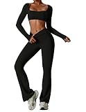 ABOCIW Workout Sets for Women 2 Piece Square Neck Long Sleeve Workout Crop Top Scrunch Butt Lifting High Waist Flare Leggings Bootcut Yoga Pants Outfit Y-Black Small