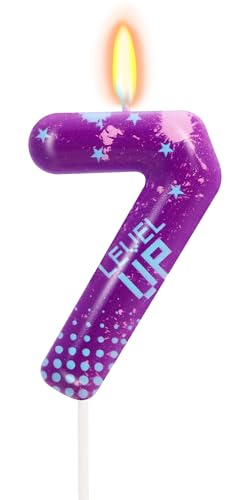 STG Birthday Candles for Boys - Number 7 Candle for Video Game Birthday Cake Topper, Fort Battle Level Up Sandbox Games Birthday Party Supplies (Purple)