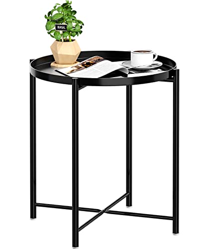 Jane Eyre Tray End Table - Small Round Side Table, Accent Coffee Table, Anti-Rust And Waterproof Outdoor & Indoor Metal Snack Table With Removable Tray, Sofa Table, (H) 20.6" X (D) 17.5" - Black #TOP21