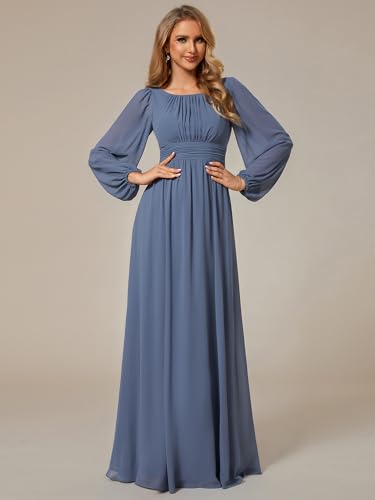 Image of Ever-Pretty Women's Crewneck Long Lantern Sleeves Floor Length A-Line Pleated Chiffon Formal Dress 0106B