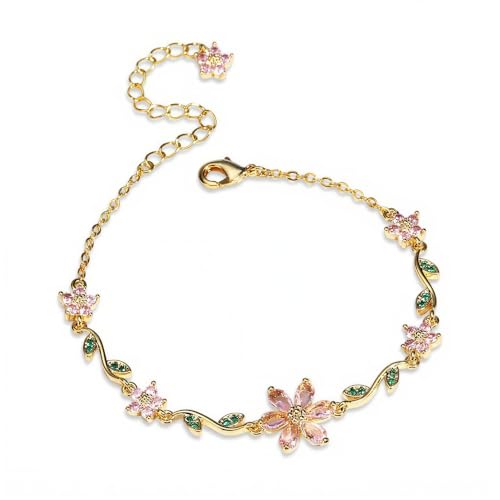 Image of IMINI Pink Blossom Flower Green Leaf Cubic Zirconia Link Bracelet (Gold)