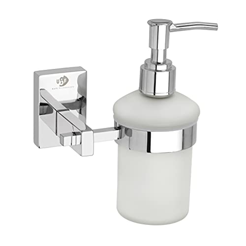 Image of USF Stylish Bathroom Soap Dispenser, Frosted Glass Bottle with 304 Stainless Steel Holder & Smooth Dispensing Pump, Easy Refill & Space Saving (Chrome Finish) - Orizon