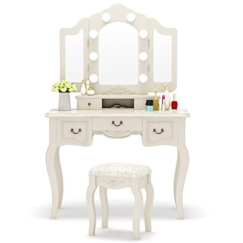 Tribesigns Vanity Set With Tri Folding Lighted Mirror Makeup Import It All