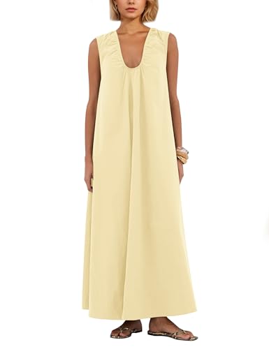 Image of Women Sleeveless Ruched Maxi Dress Scoop Neck Long Elegant Dresses Wide Shoulder Strap Blouse Dress with Side Pockets