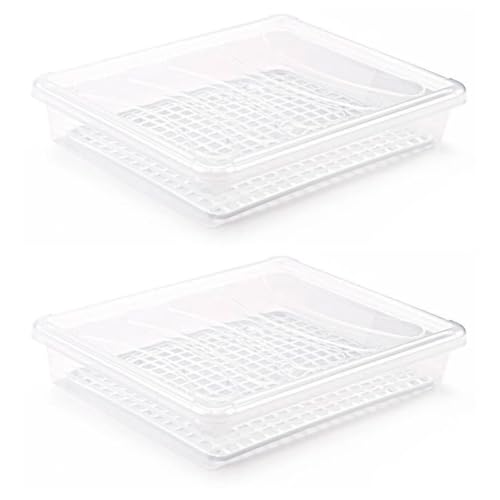 AC - Pack de 2 Bandeja frigorífica de Almacenamiento con Tapa y Rejilla, plástico, Reutilizable, descongelar Alimentos, Fabricado en España - 4 litros - 35 x 27,5 x 6,5 cm - Transparente
