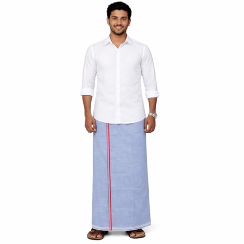 Image of Pure Cotton Dhoti for Men (1.28 x 1.87 m) | Solid Panchalu with Varied Small Color Border | Kerala Cotton Veshti, Khadi Dhoti | Lightweight Pooja & Temple Wear