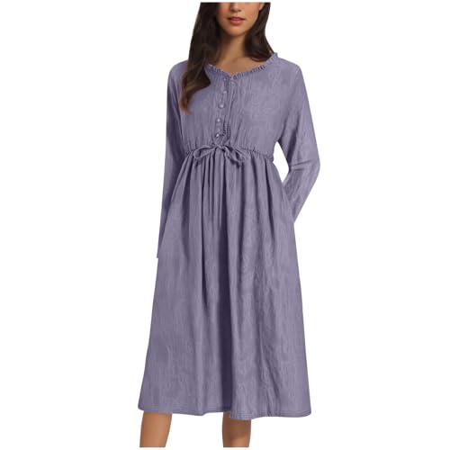 Cotton Dress for Women Long Sleeve Button Up Casual Fashion Dresses Drawstring Cinch Waist Boho Outfit with Pockets Purple