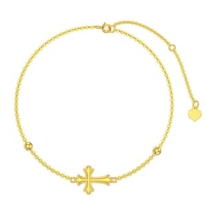 14K Real Gold Cross Anklet for Women, Yellow Gold Cross Anklet Bracelet for Women Faith Religious Foot Beach Jewelry Birthday Christmas Gifts for Her Mom Wife, 8″-10″