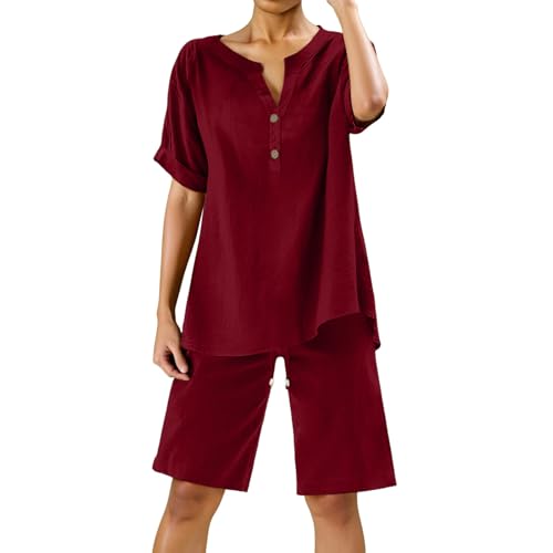 XINGJIAARTS 2 Piece Sets For Women Summer 2025 Casual Button V Neck Short Sleeve Shirts Cotton Linen Sets Outfits Shorts