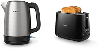 Philips HD9350 / 90 Kettle (2200 Watt, 1.7 Litre, Stainless Steel) & HD2581/90 Daily Collection Toaster, 8 Settings, Acces…
