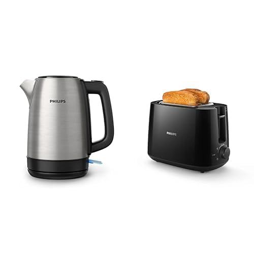 Philips HD9350 / 90 bouilloire (2200 watts, 1,7 litres, en acier inoxydable) & HD2581/90 Grille-pain Daily Collection, 8 réglages, Access, réchauffe-viennoiseries intégré, Design compact – Noir