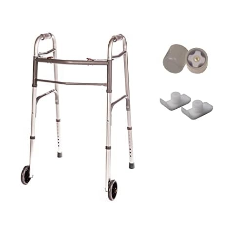 Walker Folding Deluxe 2 Button with Front 5" Wheels and Additional 2 Pair Free Rear Glides for, Adjustable Height (Short, Standard, Tall People) by Healthline Trading Cover