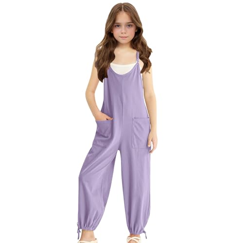 Overol liso para niñas, con tirantes delgados, overol para niños, color sólido, sin mangas, con bolsillo, para verano, playa, vacaciones, mameluco, pantalones ajustables de pierna ancha para