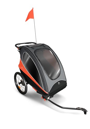 Kinderkraft NAVA 3 en 1, Remolque infantil, Cochecito, Silla de paseo, Remolque de bicicleta, Para uno o dos niños, 2 x 22 kg, Protector de lluvia, Protección contra insectos, Naranja