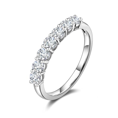 14K Solid White Gold Moissanite Engagement Ring for Women,3mm Width 7 Stones,D Color VVS1 Round Simulated Diamond Moissanite Wedding Promise Proposal Ring for Her Wife Anniversary Bridal Gift,All Size