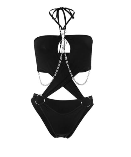 Women's Cut Out One Piece Jumpsuit Ring Backless Strappy Halter Lingerie Bodysuit Top Silver Chain Bottom Nightclub Bikini3