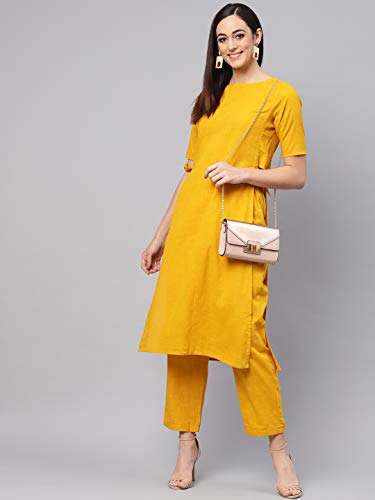 Image of idaLia Mustard Straight Cotton Solid Kurta Set for Women Stylish Boat Neck Design Kurta Set with Pant