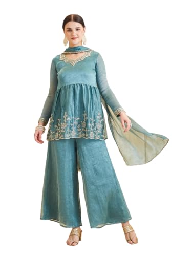 Image of MOKOSH Women's Silk Embroidered Kurta Set with Dupatta | Ethnic wear | 3 Piece Outfit | Festive Kurta Set | Peplum Kurti Sharara & Dupatta | Sweetheart Neck