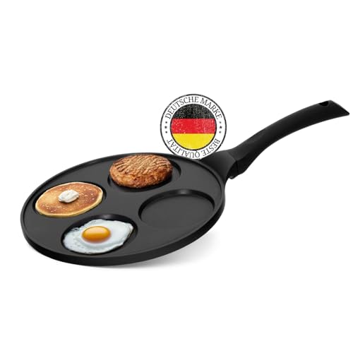 4BIG.fun Poêle à frire en antiadhésive (26 cm, 4 Moule) Poêle à pancake en fonte d’aluminium Avec revêtement à triple couche et 4 trous pancakes et Oladji, Petit-déjeuner Oeuf Au Plat Hamburge