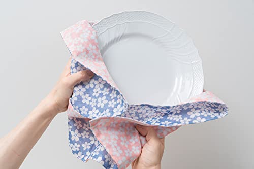 Shirayuki Japanese Tea Towel, Reversible Kyo-Yuzen Dyeing. Made Layered Fine Mesh Cloth. Multipurpose Fabric. Made In Japan (Pink & Blue, Cherry Blossom). #TOP4
