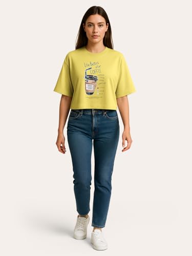 Image of HELLCAT Beige Printed Loose Fit Crew-Neck Crop T-Shirt for Women