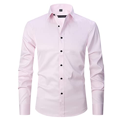 Atofy Men's Long Sleeve Dress Shirt Regular Fit Casual Button-Down Solid Shirts(Pink, M) #TOP2