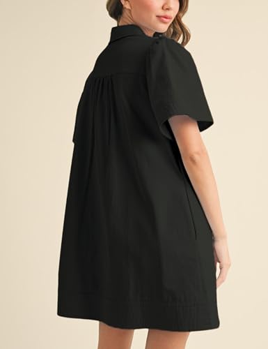 Image of Womens Short Sleeve Button Down Mini Shirt Dress Lapel Collar Short Dresses with Pocket