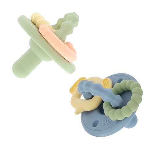 Image of Nuby Charms Silicone Infant Pacifier and Teether Toy - 2 Pack - 0+ Months - Green and Blue