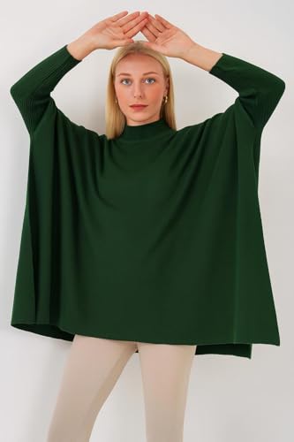 Image of Women's Crew Neck Batwing Sleeve Split Hem Oversized Knit Poncho Sweater
