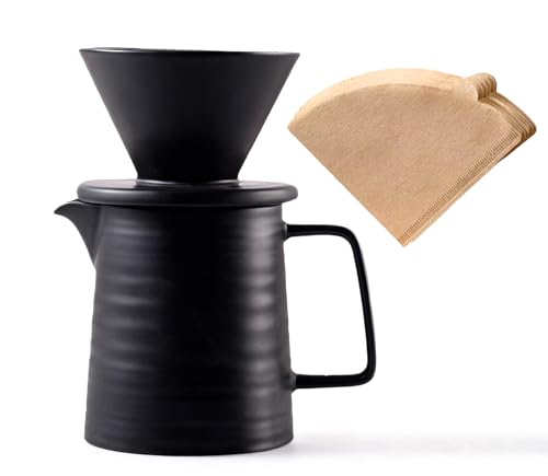 Image of BeeCa Ceramic Pour Over Coffee Maker Set, 17oz 1-2 Cup V60 Dripper, Includes Paper Filters, Retains Optimal Heat for Home Office or Cafe, Black