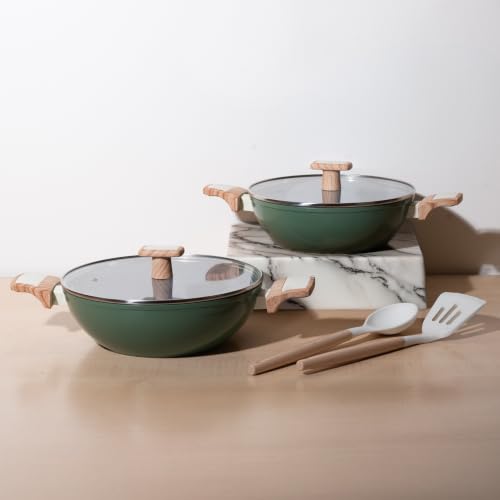 Image of Kreme Ceracook Ceramic Coated Granite 6 Pc Kadai Set Glass Lid, 2X Spatulas, ISI Certified Cookware Kadhai, Forged Aluminium, Gas & Induction Use, Woks PFAS & PTFE Free, 1 Yr Warranty, Olive Green