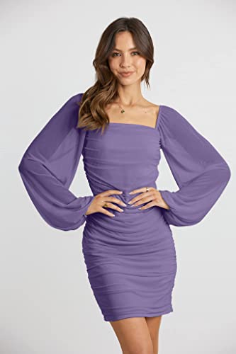 Image of MASCOMODA Women Elegant Square Neck Lantern Long Sleeve Mini Ruched Bodycon Dress Stretch Mesh Slim Party Cocktail Dresses