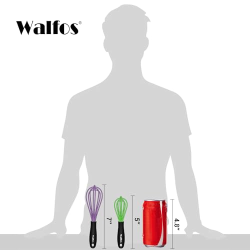 Walfos Whisk,5+7Inch Mini Whisks,Silicone Whisk Non Scratch whisk,Heat Resistant(480°F) Small whisks Suitable for stirring individual eggs and mixing small amounts of powder and sauce. Purple & Green