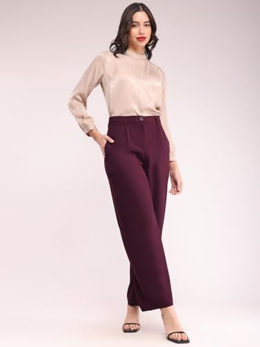 Image of FableStreet Women's Formal Trousers | High-Rise Pleated Wide-Leg Design | Solid Pattern with Plain Weave | Comfortable Office Wear for Business Meetings & Formal Events