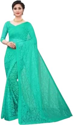 Florence Sari tejido de red rasal para mujer con blusa sin costuras, Verde claro, talla única