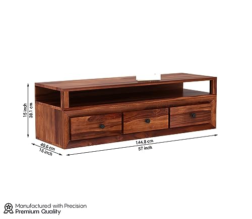 Image of Solid Sheesham Wood TV Unit with 3 Drawers and 1 Shelf - Storage Solution for up to 55-inch TV in Your Living Room (Oriel, Honey Finish)