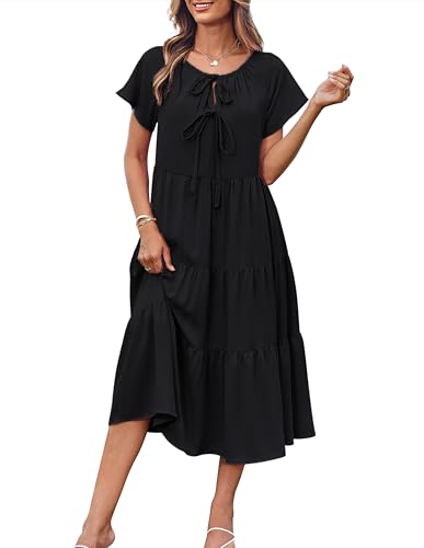 GRACE KARIN Damen Kurzarm A-Linie Sommerkleid Lässig Strandkleid Locker Umstandskleid Schwarz M