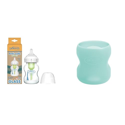 Image of Dr. Brown's Natural Flow Anti-Colic Options+ Wide-Neck Glass Baby Bottle 5 oz/150 mL & Natural Flow Options+ Glass Baby Bottle Sleeves,100% Silicone,5 oz,Wide-Neck,Mint