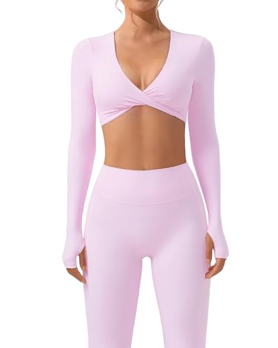 SUUKSESS Women 2 Piece Workout Sets Long Sleeve Twist Deep V Crop Padded Tops Yoga Leggings with Side Pockets (Light Pink, M)