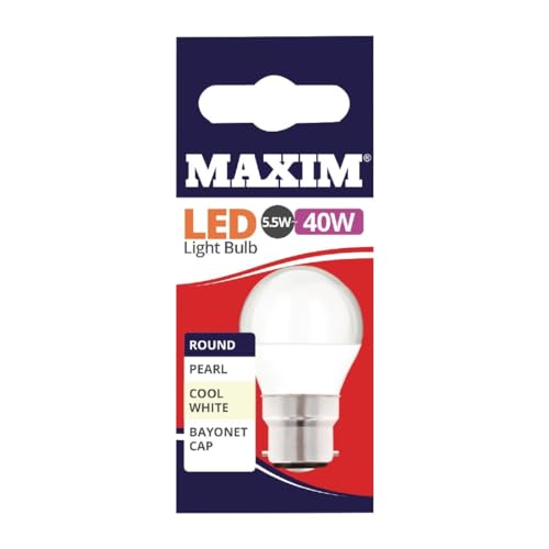 Maxim LED Round Bayonet Cap (Cool White) - 5.5watt (40watt) - 470 Lumen (Pack 10) - 40MLRBCCW5X, 45MM
